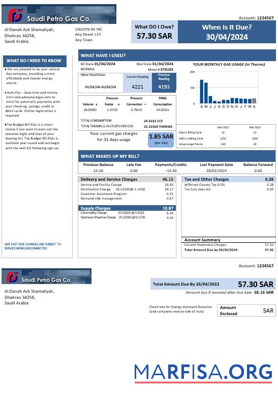 Realistic Saudi Arabia Saudi Petro Gas business utility bill, Word and PDF template